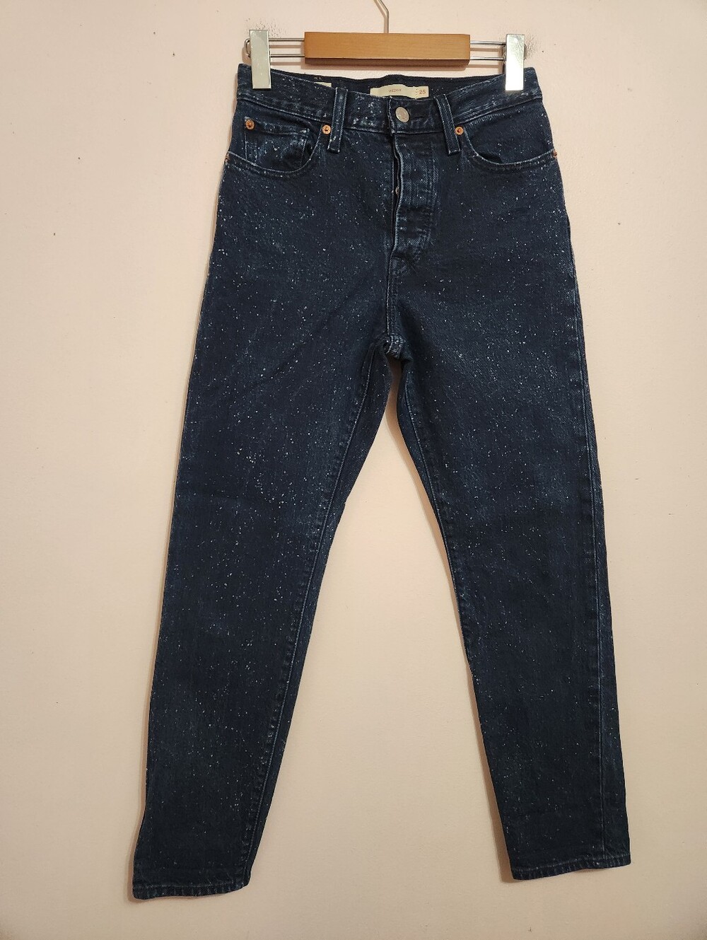 Levi's Wedgie Fit Dark Wash Paint Splatter Speckled High Rise Denim Jeans Sz 25
